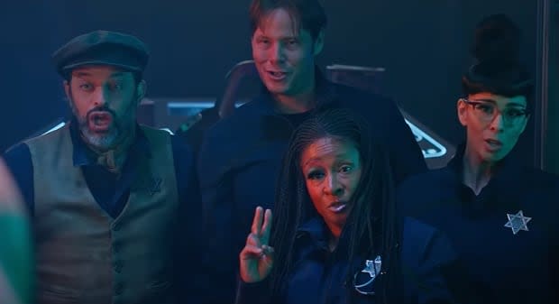 <em>Nick Kroll, Ike Barinholtz, Wanda Sykes and Sarah Silverman in "History of the World Part II"</em><p>Hulu</p>