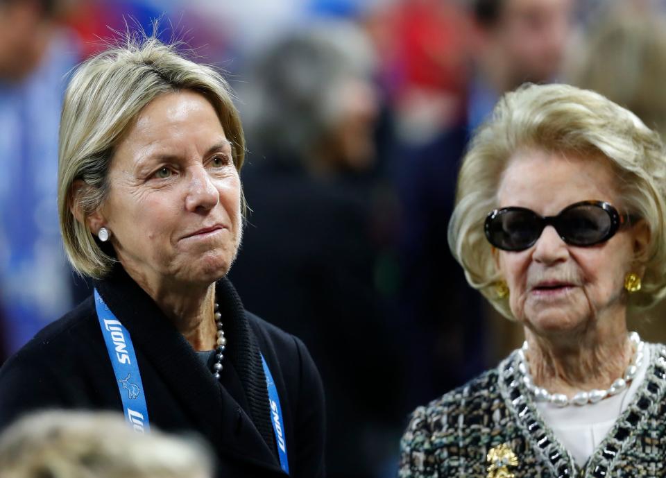 Sheila Ford Hamp, Detroit Lions Vice Chair, talks with Martha Ford, owner, before an NFL football game against the Minnesota Vikings in Detroit, Nov. 24, 2016.