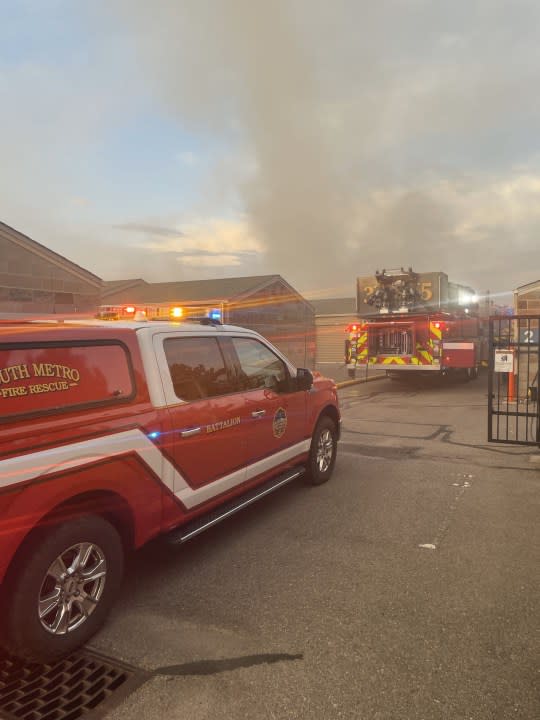Multiple units at a commercial storage facility near Centennial were damaged in a two-alarm fire Sunday. (Arapahoe County Sheriff’s Office)