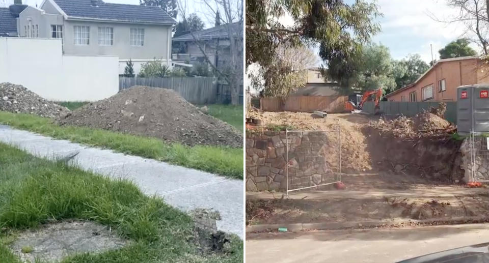 Left, two mounds of dumped dirt on Simon McEvoy and Lynne Barron's property. Right, the residential worksite the soil is believed to have been removed from. 