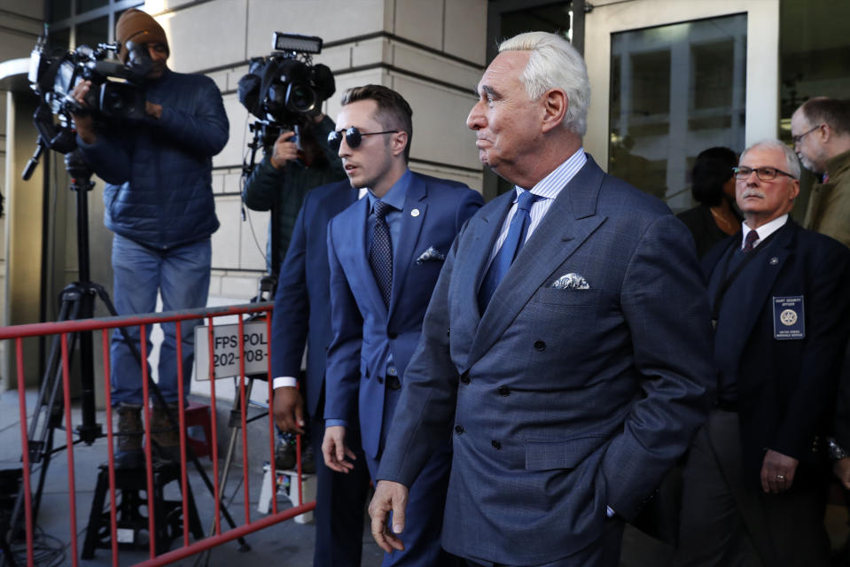 Former campaign adviser for President Donald Trump, Roger Stone, leaves federal court Thursday, Feb. 21, 2019, in Washington. A judge has imposed a full gag order on Trump confidant Roger Stone after he posted a photo on Instagram of the judge with what appeared to be crosshairs of a gun. (AP Photo/Jacquelyn Martin)