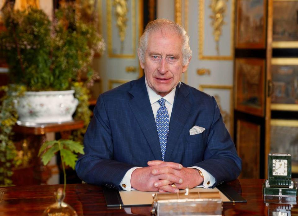 <p>Royal Household</p> King Charles photographed during the recording of his Commonwealth Day message at Windsor Castle in February