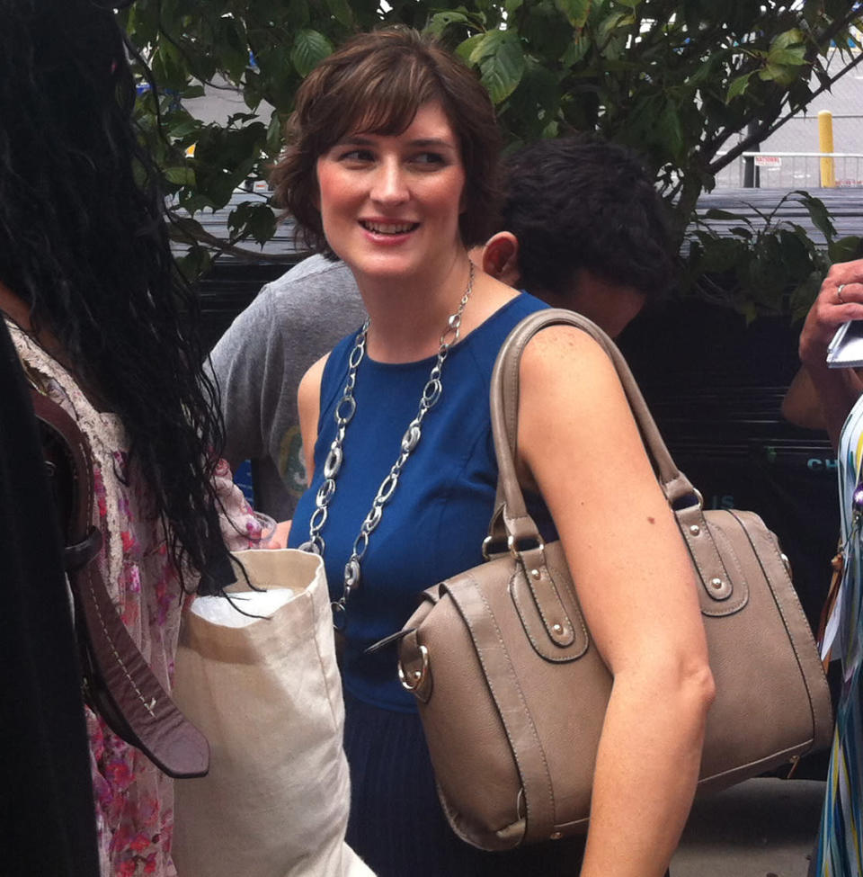 Activist Sandra Fluke is all smiles outside the Democratic National Convention arena on Thursday Sept. 6, 2012. (Jennie Josephson/Yahoo! News)