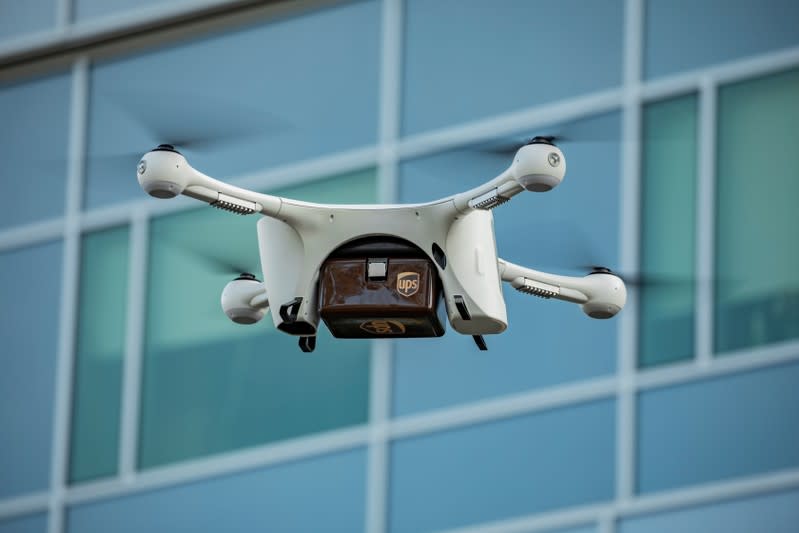 FILE PHOTO: A UPS drone makes a Flight Forward medical delivery on WakeMed Health & Hospitals' main campus in Raleigh