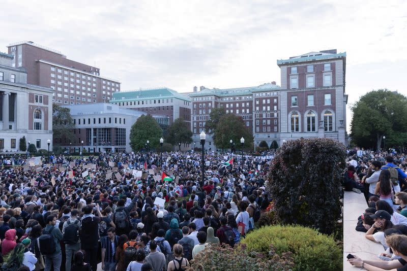 Pro-Palestinian students take part in a protest in support of the Palestinians amid the ongoing conflict in Gaza, at Columbia University in New York City