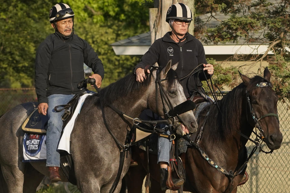 Arcangelo, left, is walked back to the stables with trainer Jena Antonucci, right, ahead of the Belmont Stakes horse race, Friday, June 9, 2023, at Belmont Park in Elmont, N.Y. (AP Photo/John Minchillo)