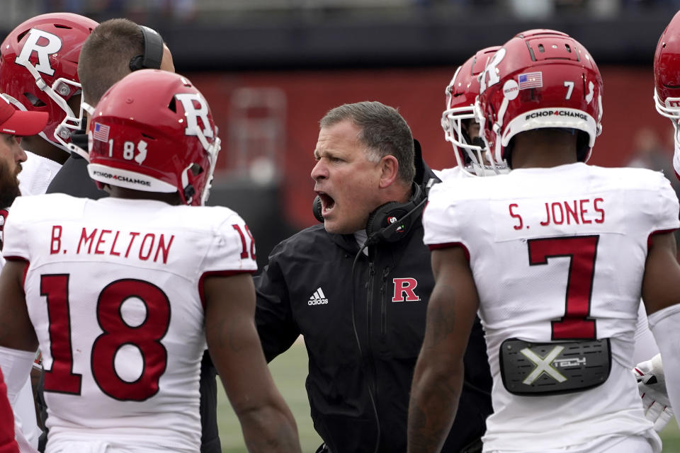 Rutgers head coach Greg Schiano yells at his players after a penalty in the first half of an NCAA college football game against Illinois Saturday, Oct. 30, 2021, in Champaign, Ill. (AP Photo/Charles Rex Arbogast)