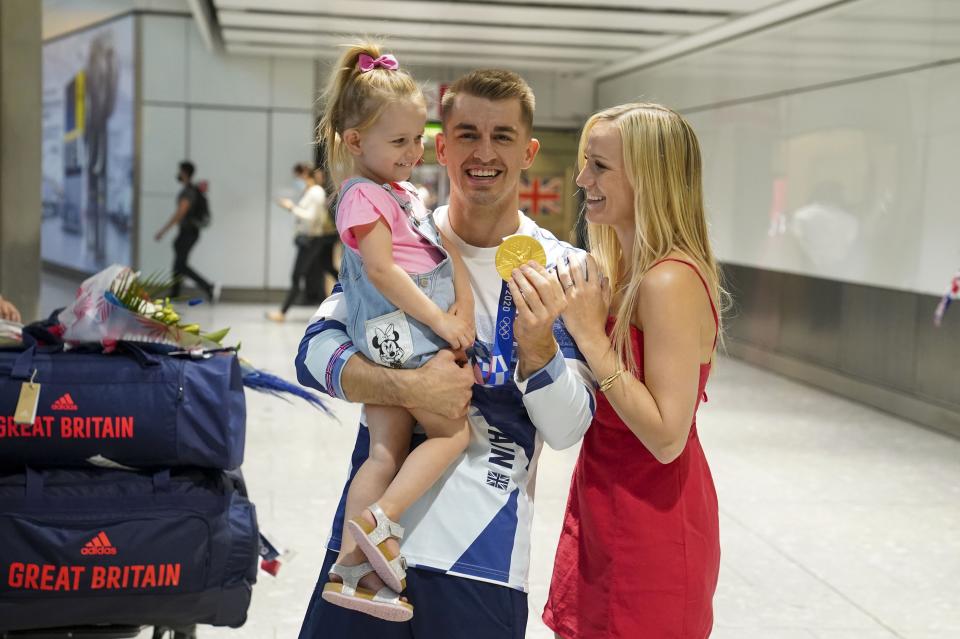 Olympic gymnast Max Whitlock, with his wife Leah and daughter Willow (Steve Parsons/PA) (PA Wire)