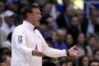 Kansas head coach Bill Self talks to his players during the first half of an NCAA college basketball game against Iowa State Saturday, Jan. 14, 2023, in Lawrence, Kan. (AP Photo/Charlie Riedel)