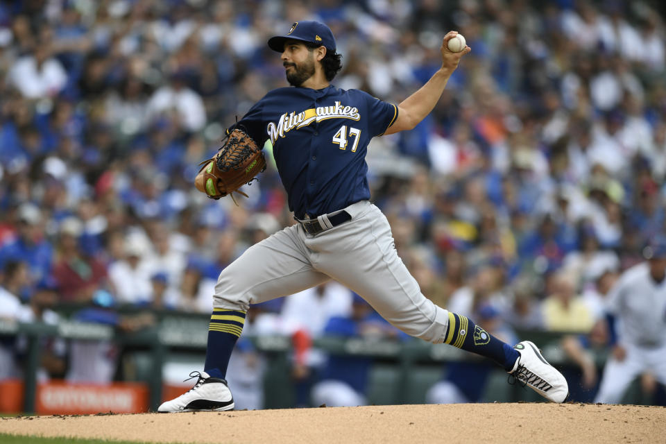 Milwaukee Brewers starter Gio Gonzalez delivers a pitch during the first inning of a baseball game against the Chicago Cubs, Sunday, Sept. 1, 2019, in Chicago. (AP Photo/Paul Beaty)