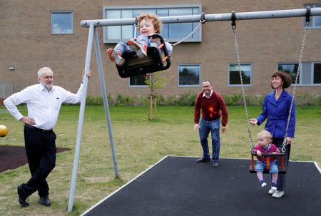 Jeremy Corbyn, the leader of Britain's opposition Labour Party, watches local candidate Anneliese Dodds' children play on the swings in a playground during a campaign stop in Oxford, May 4, 2017. REUTERS/Darren Staples