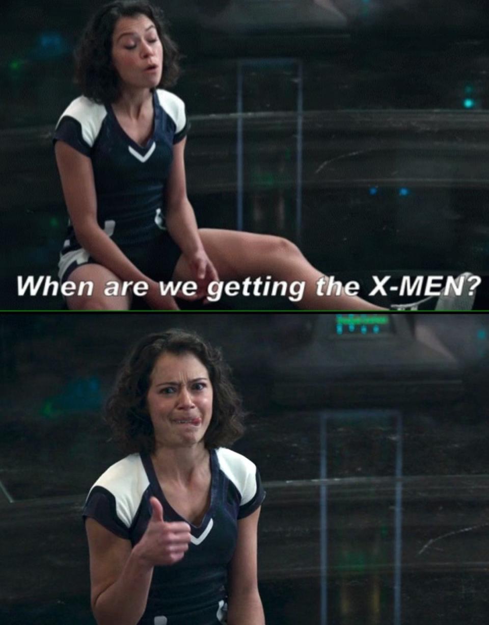 Tatiana Maslaney as Jennifer Walters asking when the X-Men are coming to the MCU on She-Hulk.