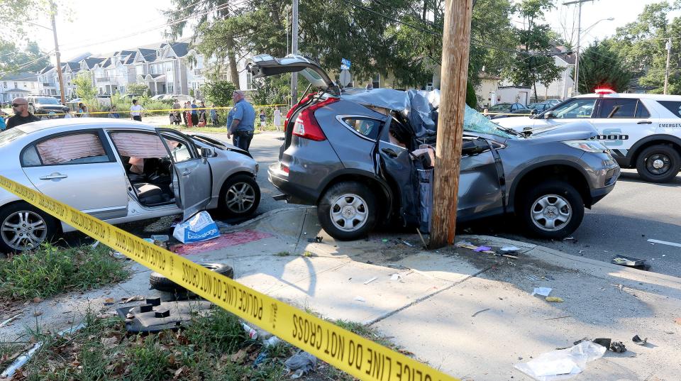 Two of the vehicles involved in a collision on Route 88 at Holly Street in Lakewood are shown Wednesday afternoon, August 3, 2022. At least three people were injured and taken to Jersey Shore University Medical Center, one by medevac.