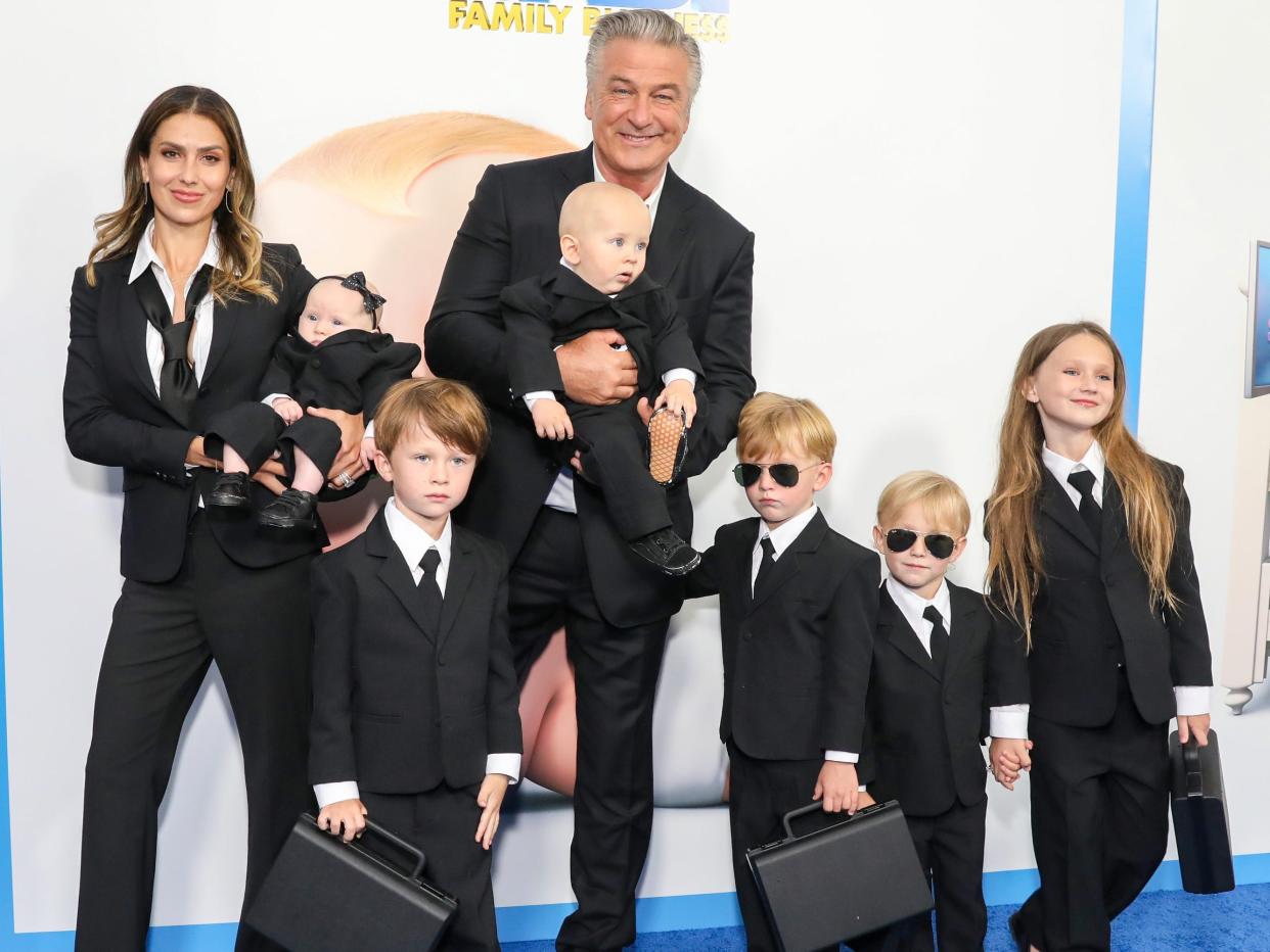 Hilaria Baldwin, Alec Baldwin, and their children (L-R) Lucia Baldwin, Rafael Baldwin, Eduardo Baldwin, Leonardo Baldwin, Romeo Baldwin, and Carmen Baldwin at "The Boss Baby: Family Business" World Premiere on June 22, 2021 in New York City.