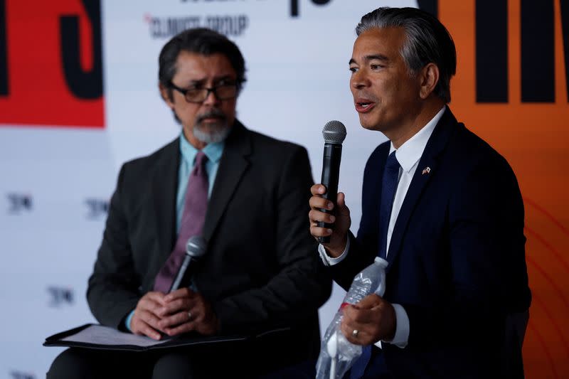 California Attorney General Rob Bonta speaks during a press conference announcing a lawsuit against oil giant Exxon Mobil over its alleged role in global plastic waste pollution in New York City