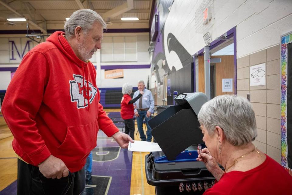 Raytown resident Dave Clark cast his ballot after voting Tuesday, April 2, 2024. Jackson County voters went to the polls to decide on many races but most notably Question 1, which would authorize tax funding to help pay for a new Royals stadium in the Crossroads and renovations to Arrowhead Stadium.