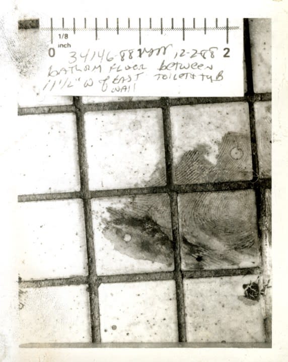 A photo of evidence in the bathroom from the scene of Cathy Swartz's murder. (Courtesy)