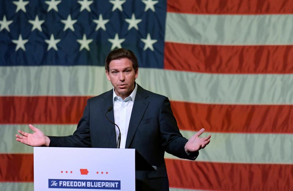 Florida Gov. Ron DeSantis speaks at a campaign event Friday, March 10, 2023, in Davenport, Iowa.