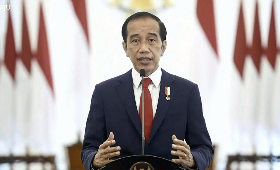 In this photo taken from video and shown at United Nations headquarters, Indonesia's President Joko Widodo remotely addresses the 76th session of the U.N. General Assembly in a pre-recorded message, Wednesday, Sept. 22, 2021. (UN Web TV via AP)