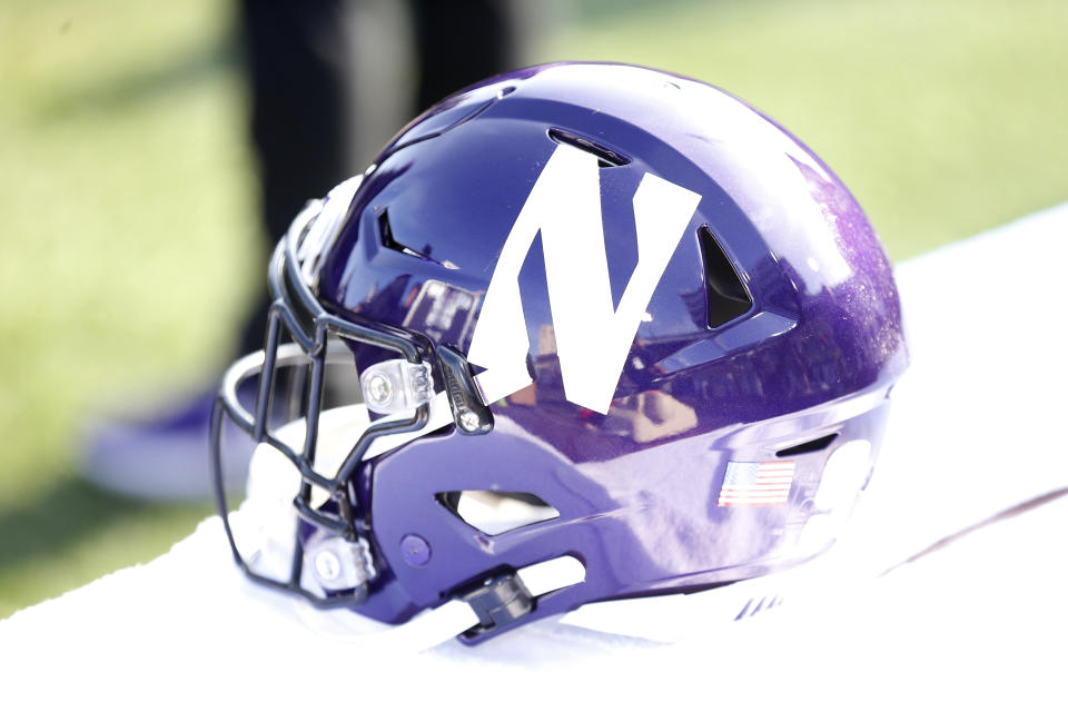 EVANSTON, ILLINOIS - NOVEMBER 16: A Northwestern Wildcats helmet on the sidelines during the game against the Massachusetts Minutemen at Ryan Field on November 16, 2019 in Evanston, Illinois. (Photo by Justin Casterline/Getty Images)