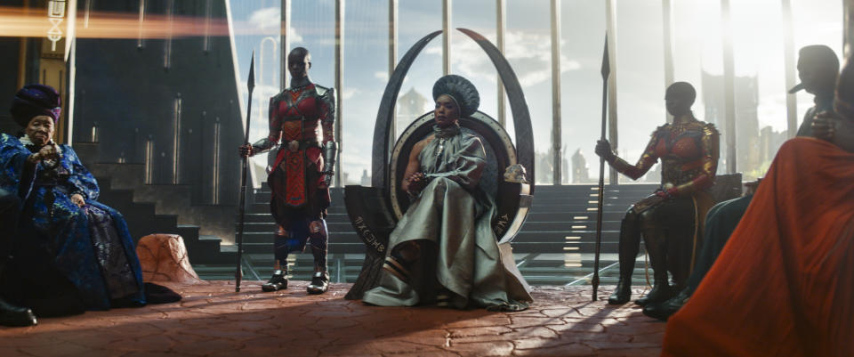 This image released by Marvel Studios shows, from left, Dorothy Steel as Merchant Tribe Elder, Florence Kasumba as Ayo, Angela Bassett as Ramonda, and Danai Gurira as Okoye in a scene from "Black Panther: Wakanda Forever." (Marvel Studios via AP)