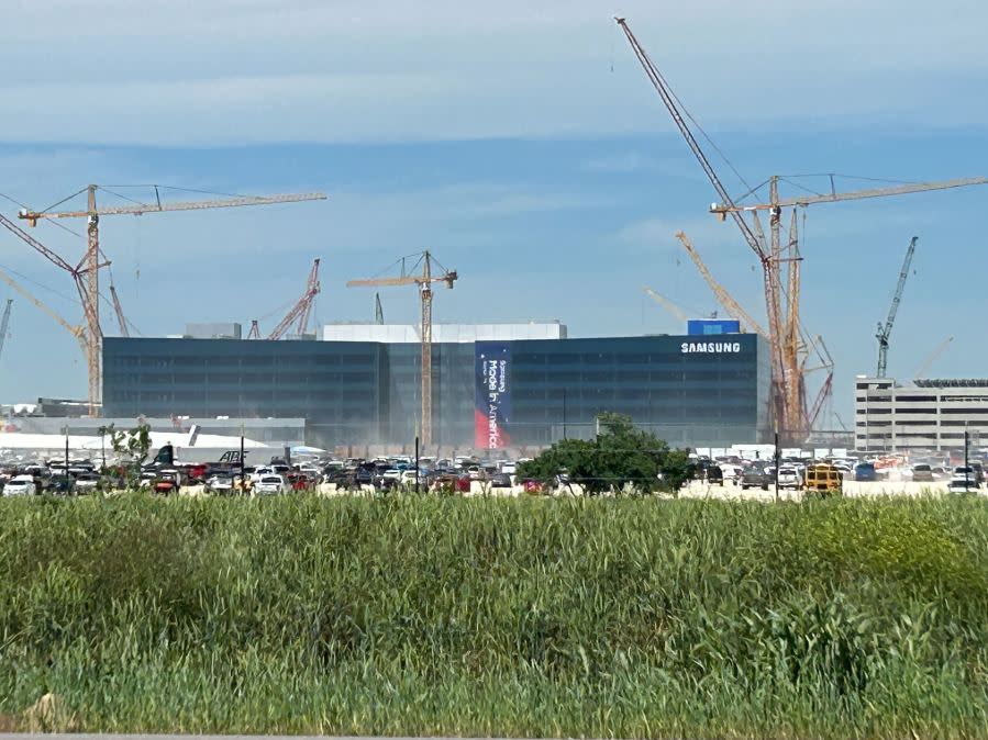 Cranes seen at Taylor Samsung construction site April 12, 2024. (KXAN Photo/Frank Martinez)