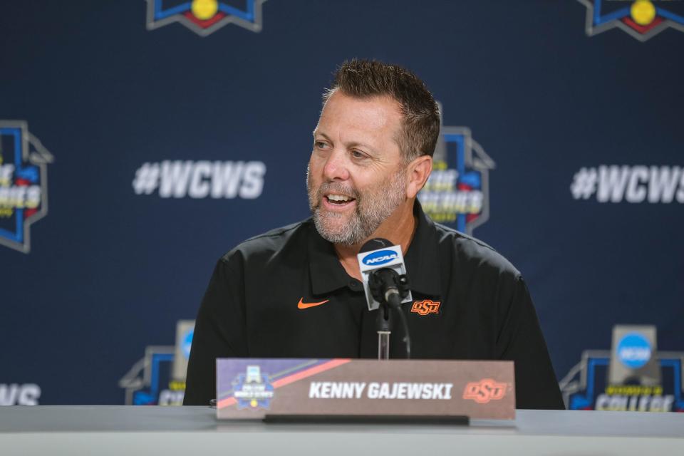 Oklahoma State softball coach Kenny Gajewski speaks during a press conference Wednesday atUSA Softball Hall of Fame Stadium.