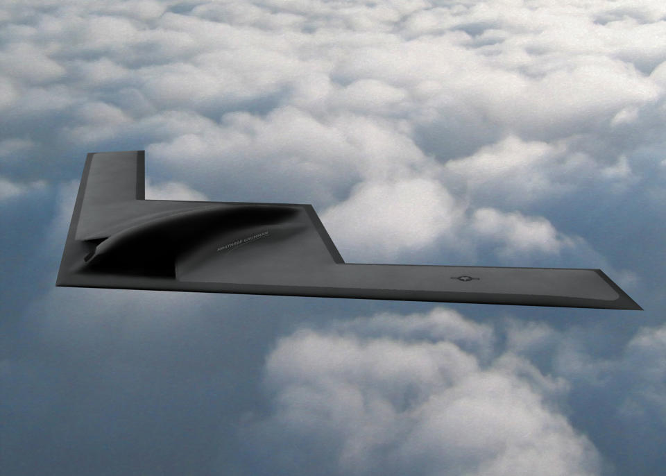 Artist rendering of Northrop Grumman's B21 bomber in flight.