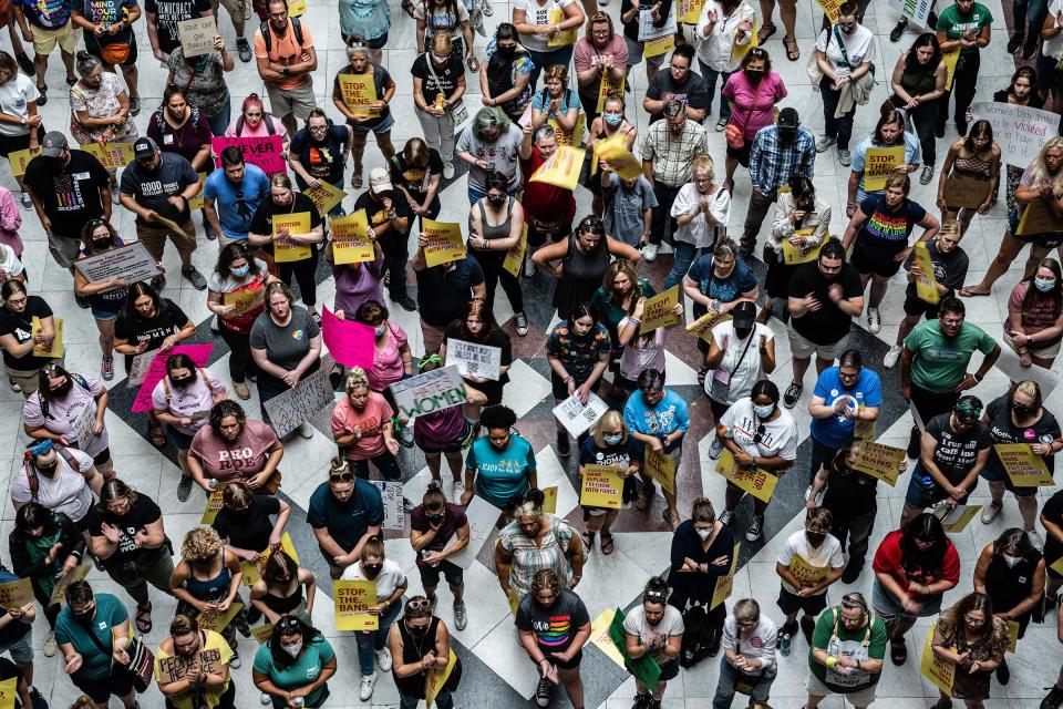 A crowd of anti-abortion and abortion rights protesters are seen in the Indiana State Capitol building on July 25, 2022 in Indianapolis, Indiana.<span class="copyright">Jon Cherry—Getty Images</span>