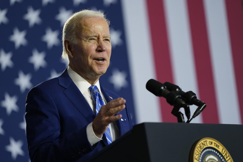 FILE -President Joe Biden speaks about his administration's plans to protect Social Security and Medicare and lower healthcare costs, Thursday, Feb. 9, 2023, at the University of Tampa in Tampa, Fla. Biden is set to announce that his administration is expanding eligibility for Medicare and the Affordable Care Act’s exchanges to hundreds of thousands of immigrants brought to the U.S. illegally as children. That's according to two people familiar with the matter who discussed it on condition of anonymity before an announcement on Thursday, April 13, 2023. (AP Photo/Patrick Semansky, File)