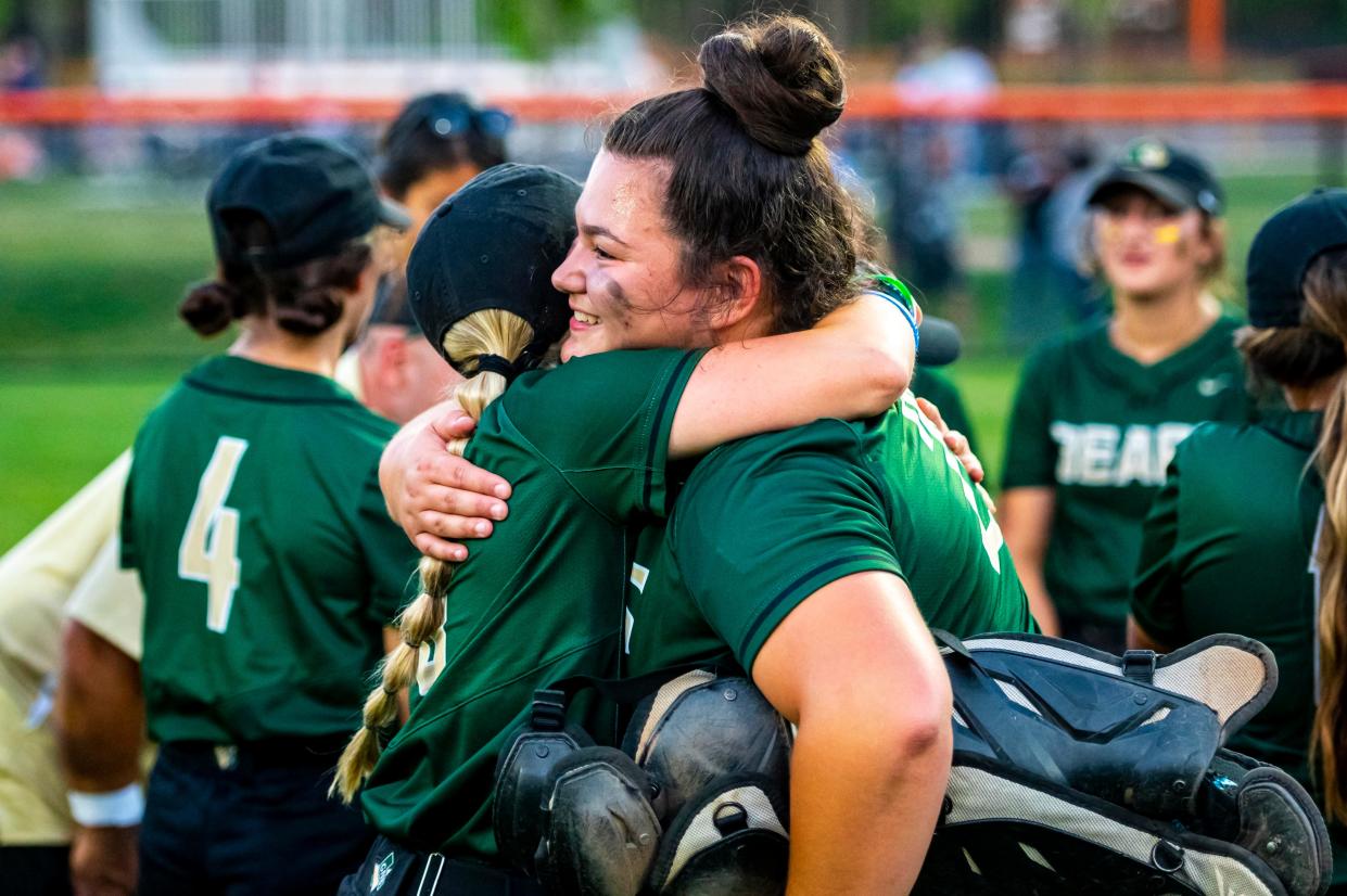 GNB Voc-Tech's Lena Tsonis celebrates with her sister, Lex, after the Bears beat Dighton-Rehoboth in the Div. 3 State Semifinal.