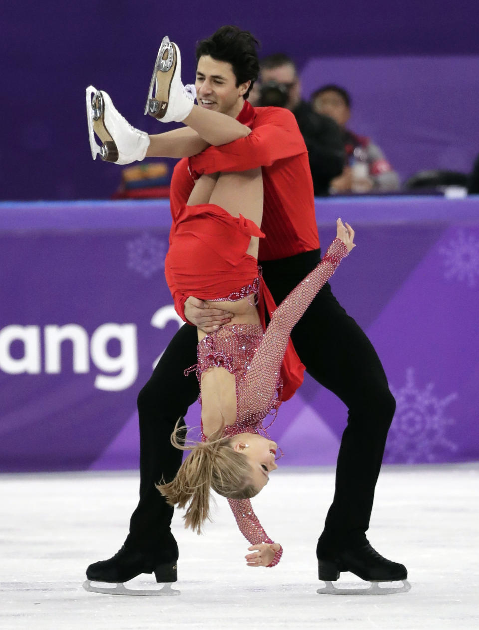 <p>Kaitlyn Weaver and Andrew Poje of Canada perform during the ice dance, short dance figure skating in the Gangneung Ice Arena at the 2018 Winter Olympics in Gangneung, South Korea, Monday, Feb. 19, 2018. (AP Photo/Julie Jacobson) </p>