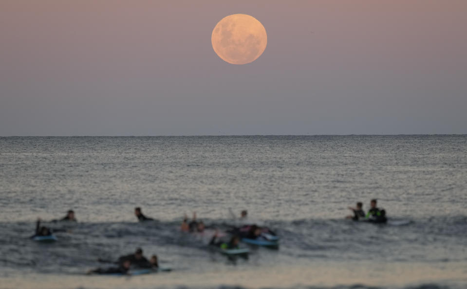 Surfers wait for waves as the moon rises in Sydney Wednesday, May 26, 2021. A total lunar eclipse, also known as a Super Blood Moon, will take place later tonight as the moon appears slightly reddish-orange in colour. (AP Photo/Mark Baker)