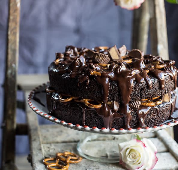 <strong>Get the <a href="http://www.halfbakedharvest.com/fudgy-one-bowl-chocolate-peanut-butter-cup-pretzel-cake/" target="_blank">Fudgy One-Bowl Chocolate Peanut Butter Cup Pretzel Cake recipe</a> from Half Baked Harvest</strong>