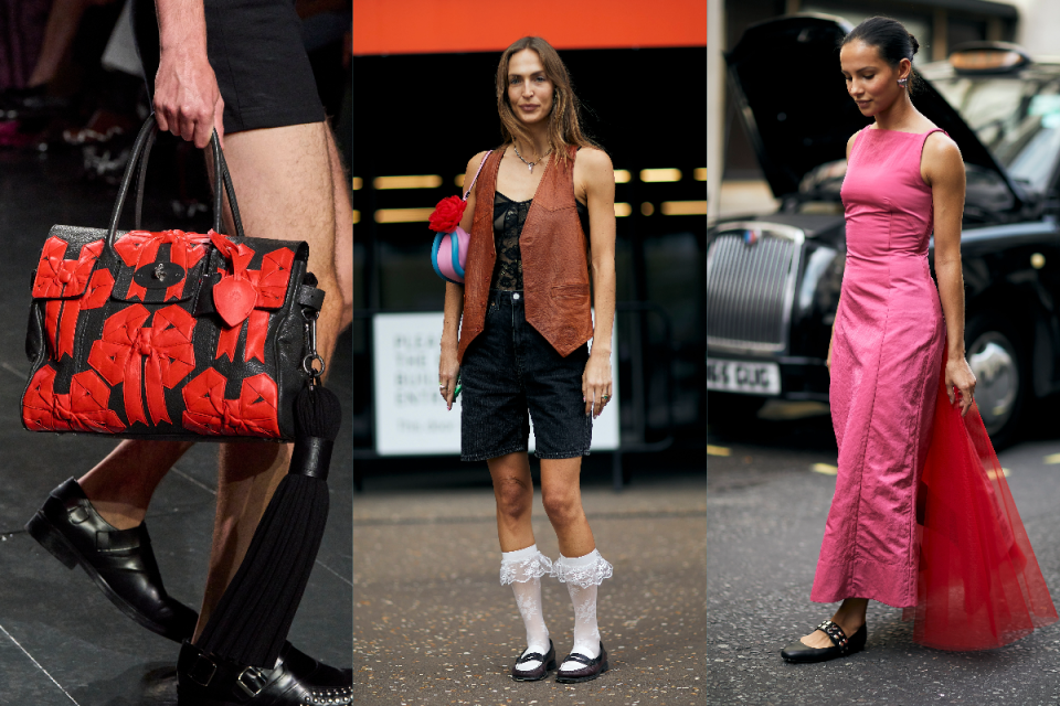 Trending street style: Mulberry x Stefan Cooke bag (L), Olivia Buxton-Smith, Drest Fashion Editor, in socks and loafers; Francesca Hayward wears Molly Goddard ballet flats (R) (Launchmetrics)