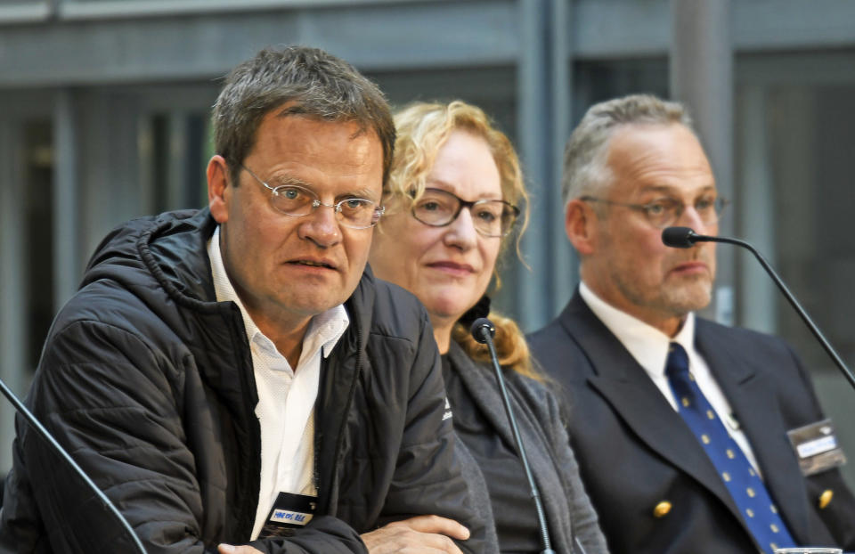 Expedition leader Markus Rex, left, scientist Pauline Snoeijs-Leijonmalm and captain Stefan Schwarze, right, take part in a press conference in Tromso, Norway, Friday Sept. 20, 2019, as scientists are preparing to launch the biggest and most complex research expedition ever attempted in the central Arctic. The 140-million euro ($158 million) expedition will see scientists from 19 countries on a yearlong journey through the ice that they hope will improve the scientific models that underpin our understanding of climate change. (Rune Stoltz Bertinussen/NTB Scanpix)