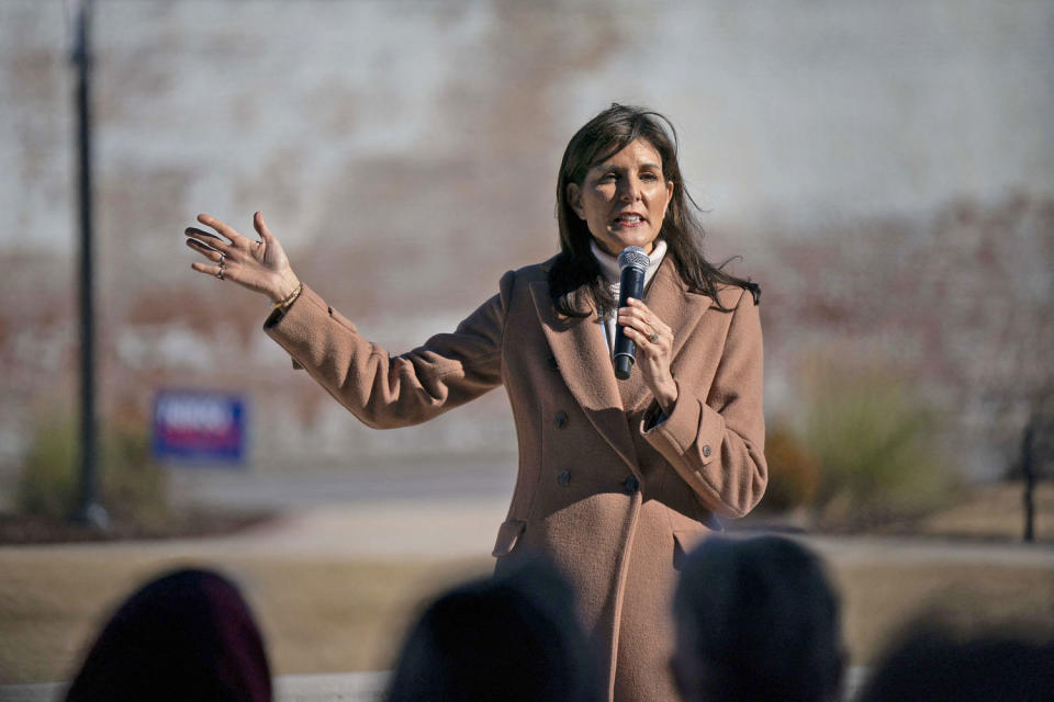 Republican presidential hopeful Nikki Haley speaks on Feb. 13, 2024, in Bamberg, S.C. (Allison Joyce / AFP - Getty Images)