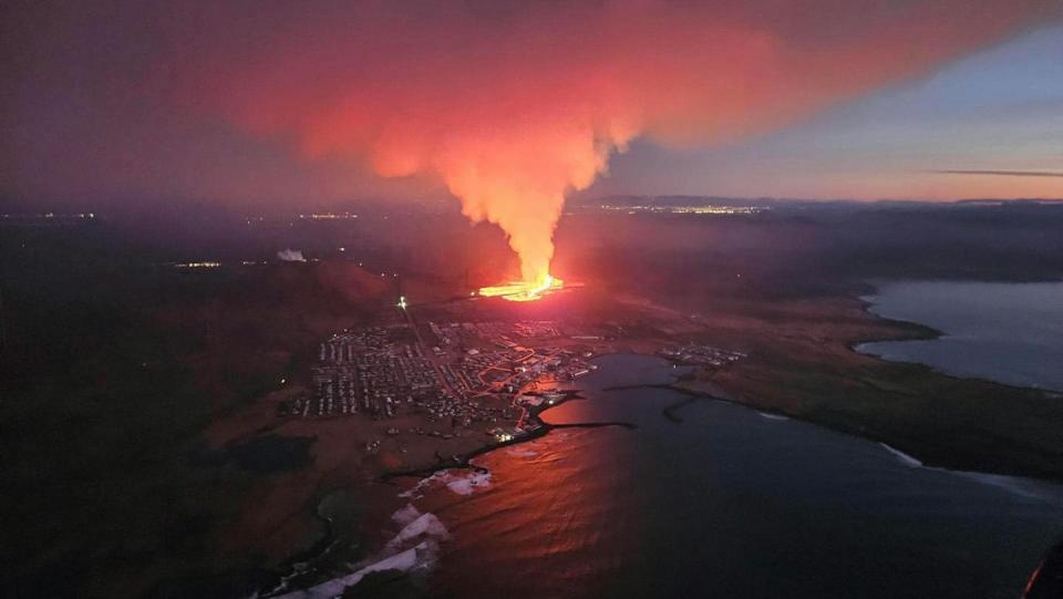 The lava flow on Jan. 14, 2024, with Grindavík in the foreground. <a href="https://www.facebook.com/Almannavarnir/" rel="nofollow noopener" target="_blank" data-ylk="slk:Iceland Department of Civil Protection;elm:context_link;itc:0;sec:content-canvas" class="link ">Iceland Department of Civil Protection</a>