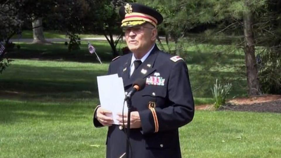 Retired Army Lt. Col. Barnard Kemter’s microphone was cut off while giving the keynote address Monday at Markillie Cemetery in Hudson, Ohio as he began to share a story about the origins of Memorial Day. (Vimeo)