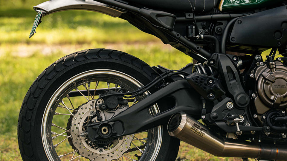 The new exhaust on Deus Ex Machina's "The Forager" Yamaha XSR700