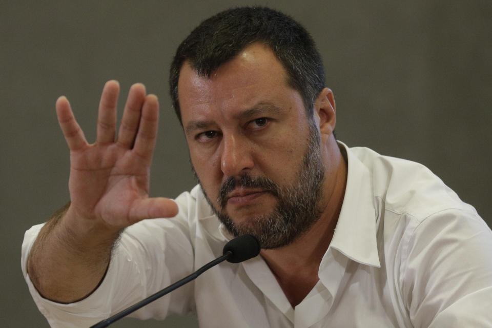 Italian Deputy-Premier and Interior Minister, Matteo Salvini, gestures during a press conference at the Interior Minister headquarters, in Rome, Friday, July 12, 2019. Opposition lawmakers questioned the Italian Interior Minister Matteo Salvini about allegations a Russian oil deal was devised to fund his pro-Moscow League party. Democratic Party lawmakers are demanding that a parliamentary inquiry be held. (AP Photo/Gregorio Borgia)