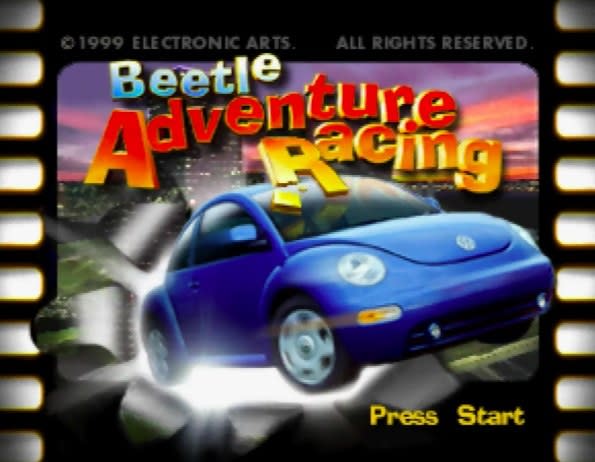 Opening image for Beetle Adventure Racing, featuring a blue VW beetle on a film strip