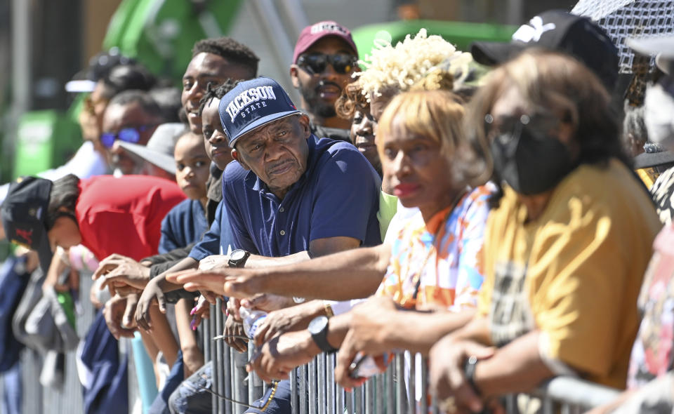 Crowds gather to hear President Joe Biden speak at the 58th anniversary commemoration of Bloody Sunday on Sunday, March 5, 2023, at the foot of the Edmund Pettus Bridge in Selma, Alabama. (AP Photo/Julie Bennett)