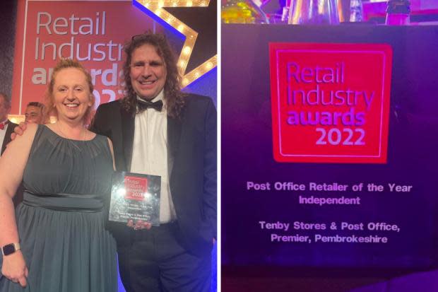 "I couldn't have been happier if I'd won the World Cup," said Tenby postmaster Vince Malone, pictured with wife Fiona at the awards ceremony.