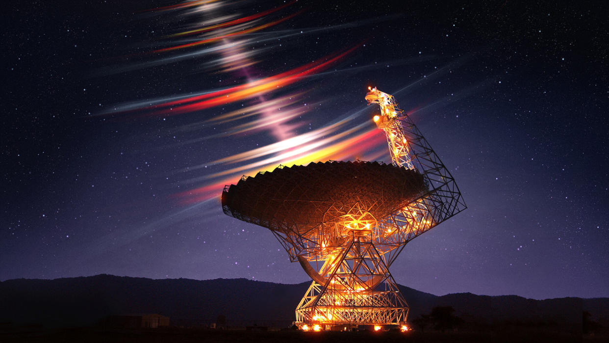  Artist's impression (landscape orientation) of the discovery of microsecond bursts. The foreground shows the Green Bank Telescope (United States) with which the research was done. Incoming radio waves are shown as white, red, and orange streaks that follow each other in rapid succession. The long red streaks are the previously known millisecond flashes. 