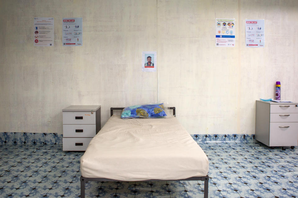 A migrant worker's bed seen inside the temporary living quarters. (PHOTO: Dhany Osman / Yahoo News Singapore)