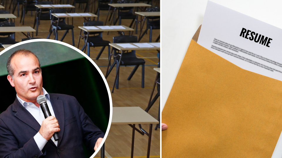 Pictured: Victorian education minister James Merlino, a NAPLAN testing hall and a resume. Images: Getty