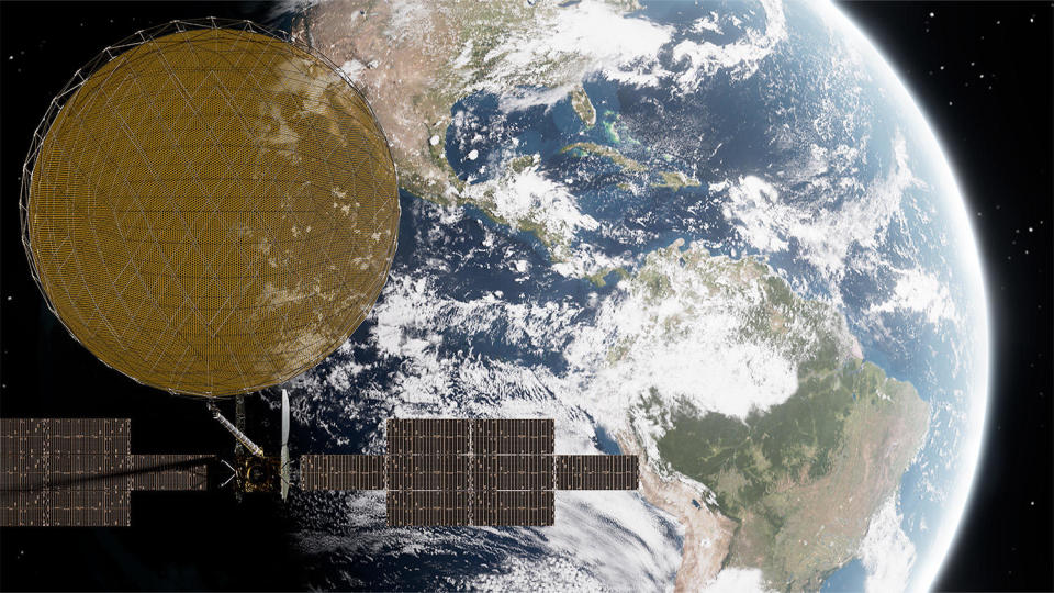 An artist's impression of the ViaSat-3 satellite in geosynchronous orbit 22,300 miles above the equator with its huge mesh antenna fully deployed. / Credit: Viasat