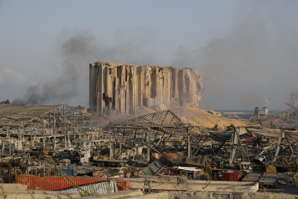 A damage is seen after a massive explosion in Beirut, Lebanon, Wednesday, Aug. 5, 2020. The explosion flattened much of a port and damaged buildings across Beirut, sending a giant mushroom cloud into the sky. In addition to those who died, more than 3,000 other people were injured, with bodies buried in the rubble, officials said.(AP Photo/Hassan Ammar)