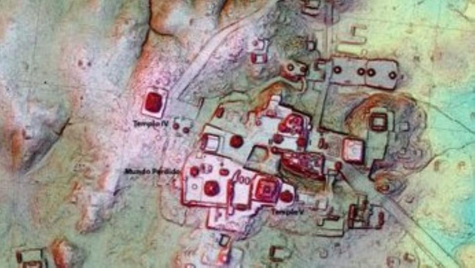 Lidar data over a map of the Maya city of Tikal reveals an unexcavated structure.